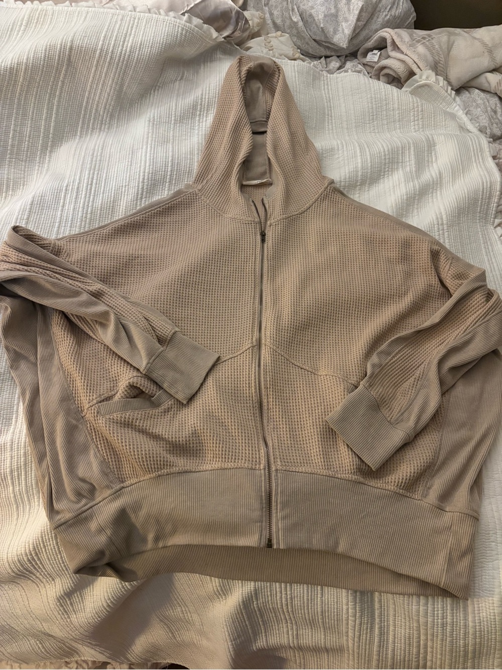 Waffle-Knit Zip Hoodie Jacket in Taupe